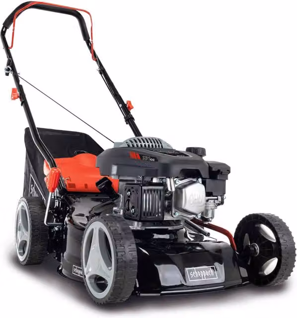 Scheppach MP132-42 Compact Petrol Lawnmower with 42 cm Cutting Width, Mulching Kit and 45 l Grass Bag, Black and Red
