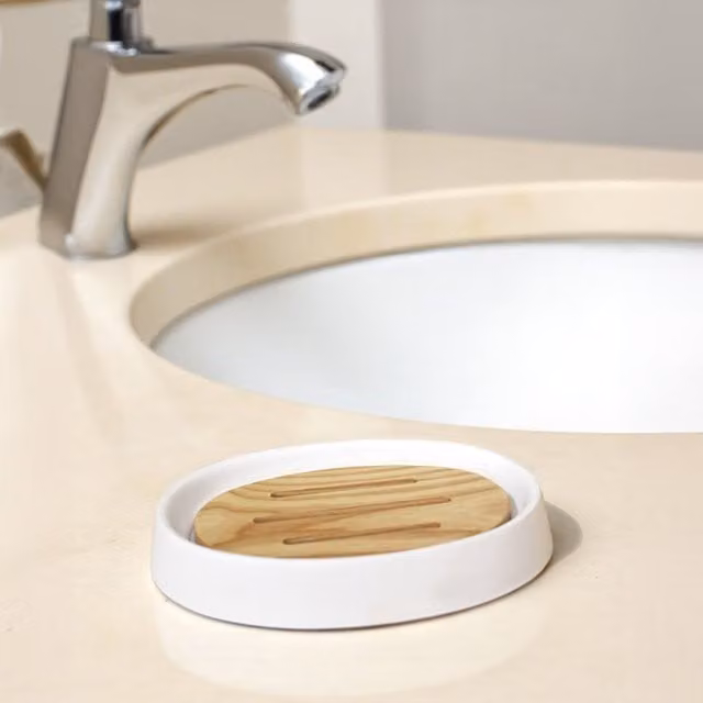 Showerdrape Sonata 4 Piece Freestanding Bathroom Accessory Set in White Resin and Black Bamboo