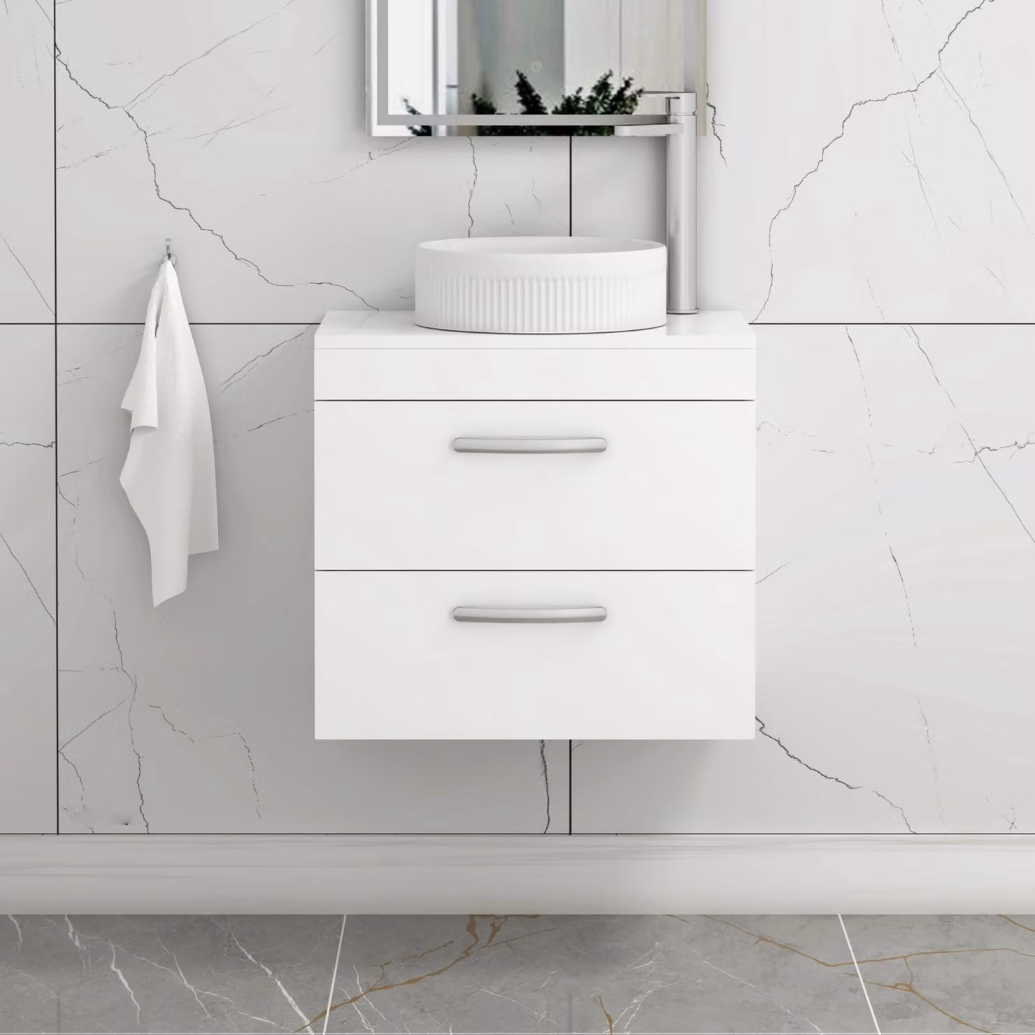 Royal Bathrooms Turin 800mm Wall Hung Vanity Unit with 2 Drawers and Round Countertop Basin in Gloss White
