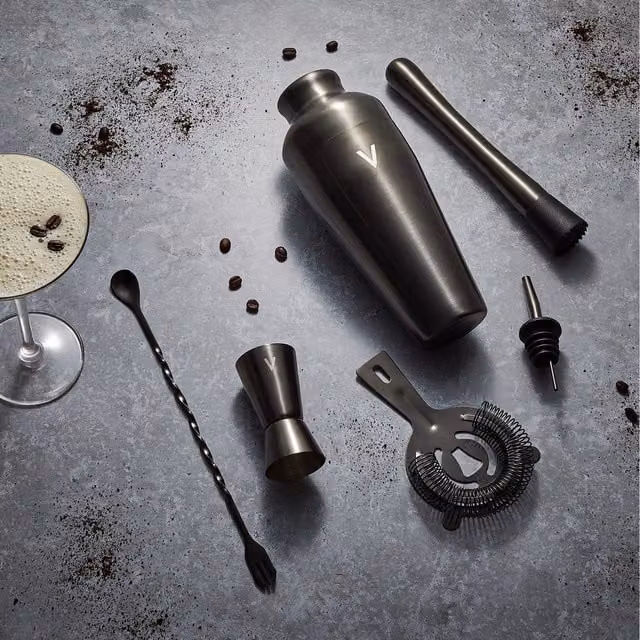 VonShef 6-Piece Stainless Steel Parisian Cocktail Shaker Set with Accessories in Anthracite Grey