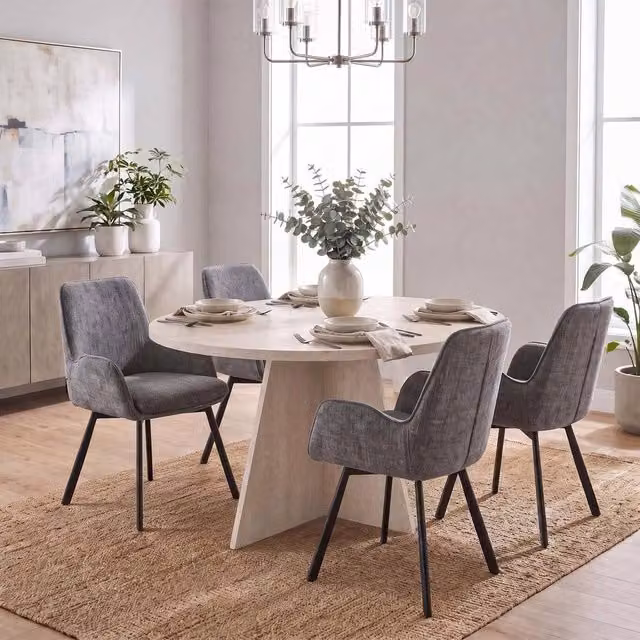 FWStyle Round Travertine Dining Table and 4 Grey Swivel Dining Chairs Set in Beige and Black