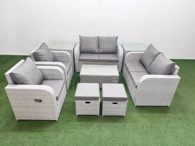 Fimous 8 Seater Rattan Garden Furniture Set in Light Grey with Reclining Sofa, Coffee Table, Stools and Side Tables