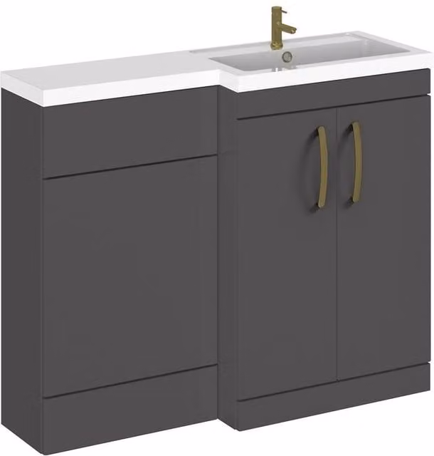 Balterley Modern Grey Freestanding Vanity Unit with Soft Close Doors and Brushed Brass Details, W: 110 cm