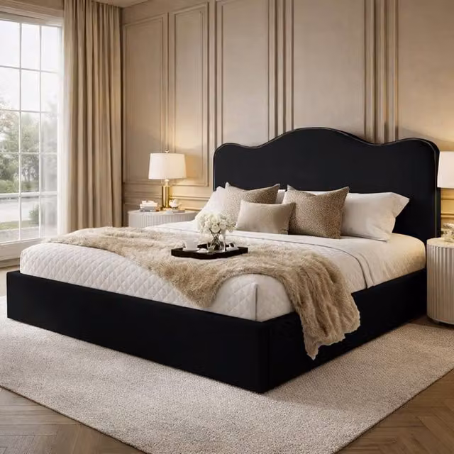 Desire Deco Angelito Upholstered Plush Velvet Bed Frame in Black, Size: Double (140 x 200 cm)