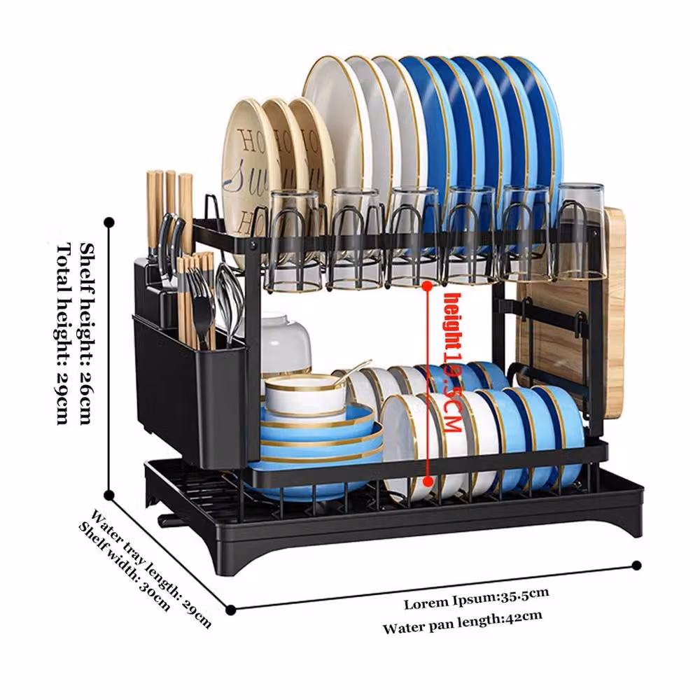 Havendro 2 Tier Sink Dish Drainer Rack with Drip Tray and Cutlery Holder in Black – 1