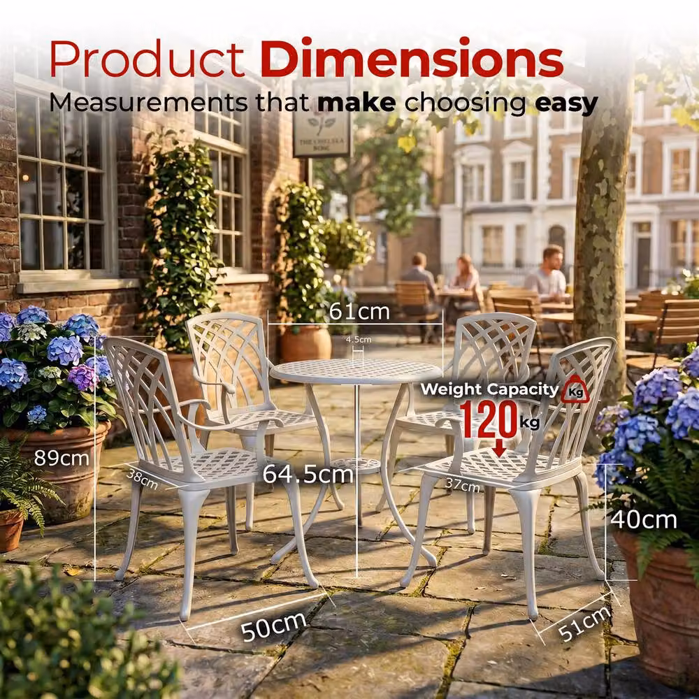 Centurion OSHOWA 5-Piece Cast Aluminium Bistro Set in White featuring a Round Table and 4 High-Backed Armchairs – 6