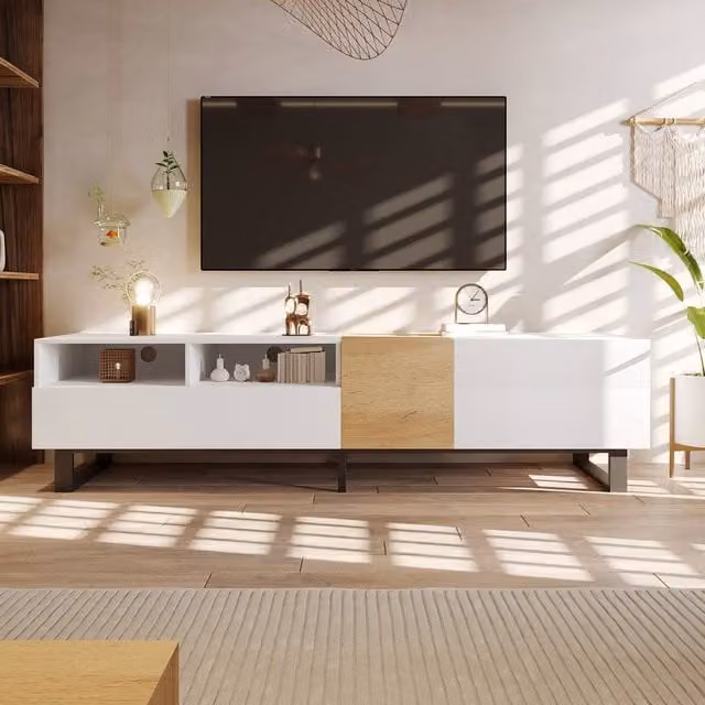 Matteo Modern White and Wood Look TV Cabinet with Storage and Metal Feet, Width: 180 cm – 1