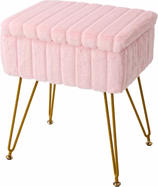 Livingandhome Modern Pink Teddy Fabric Rectangular Storage Ottoman with Gold Metal Frame