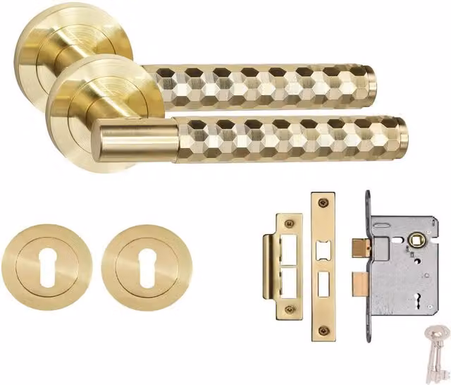 Golden Grace Brass Knurled Hex Cut T-Bar Bathroom Door Handle Set with Thumbturn and Mortise Lock in Gold and Bronze