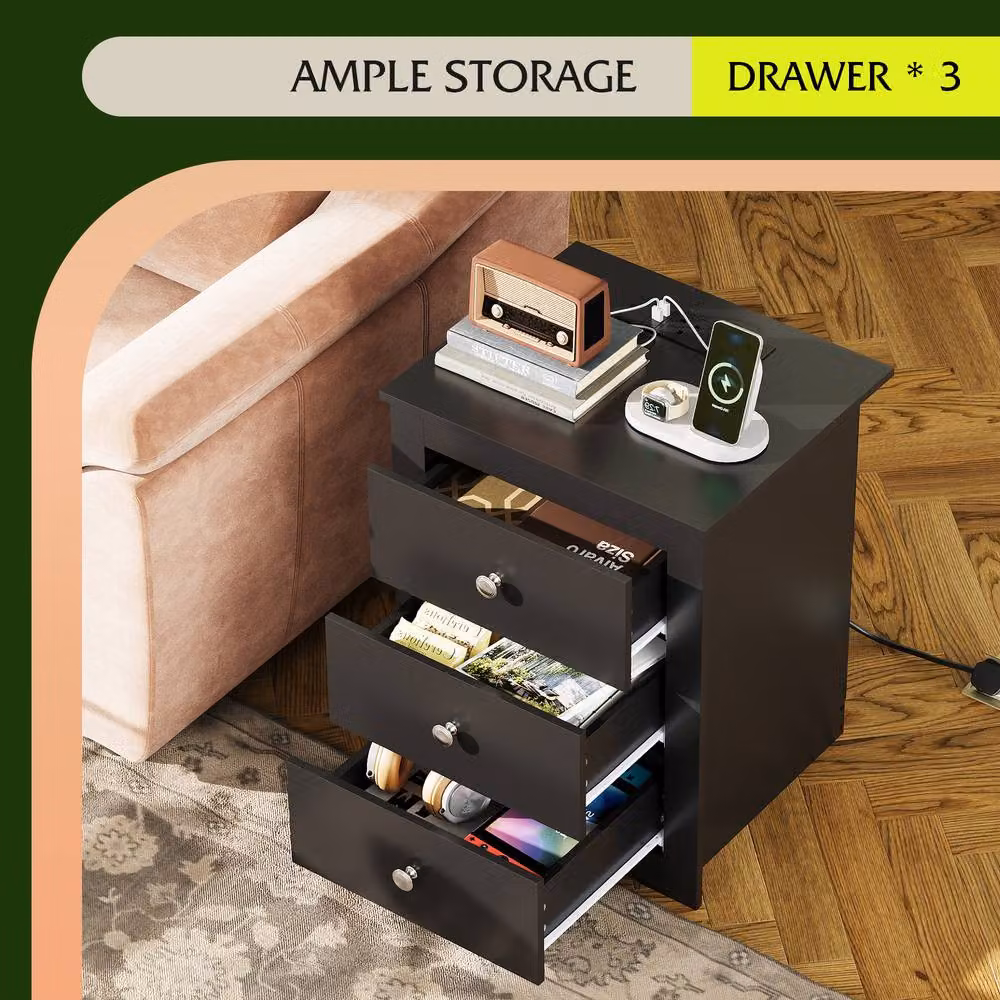 Rolipo 3-Drawer Wooden Bedside Table with Charging Station in Black – 3