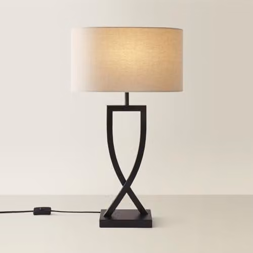 ValueLights Katniss Modern Metal Table Lamp in Black with Beige Fabric Shade and LED Bulb – 1