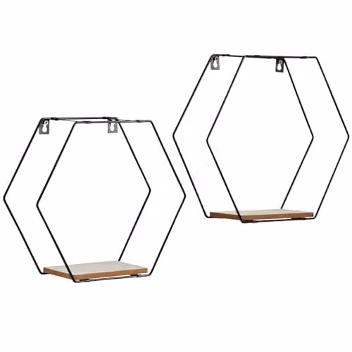 SPOT ON DEALZ Set of 2 Black Metal Hexagon Wall Floating Shelves