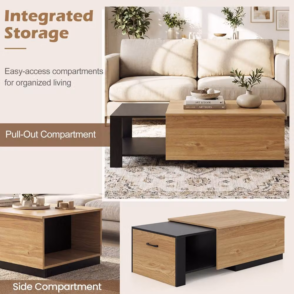 Gymax Extendable Modern Rectangular Coffee Table with 2 Storage Compartments in Brown Wood – 3