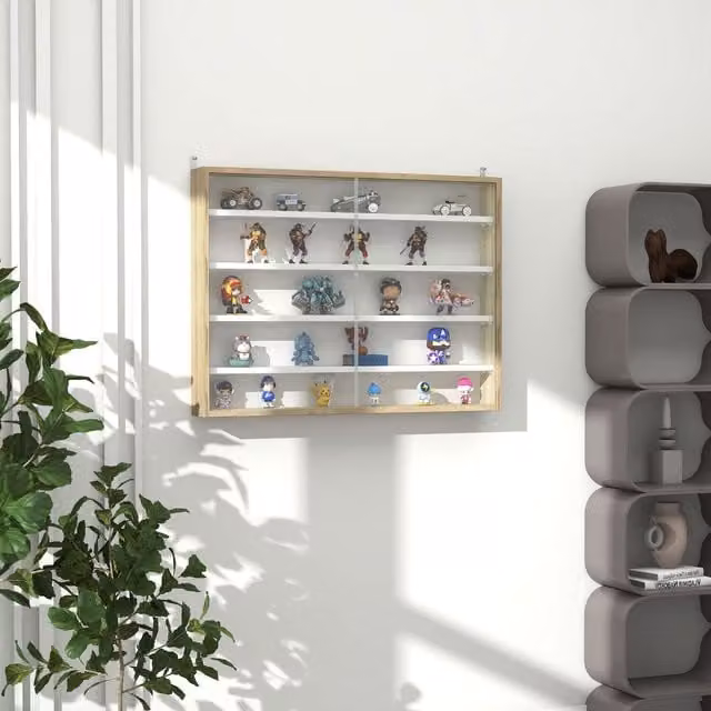 HOMCOM Wall Mounted Display Shelf Cabinet with Glass Doors in Natural Brown