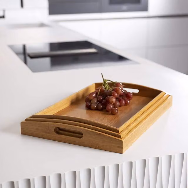 Maison & White Set of 3 Rectangular Brown Bamboo Serving Trays with Handles