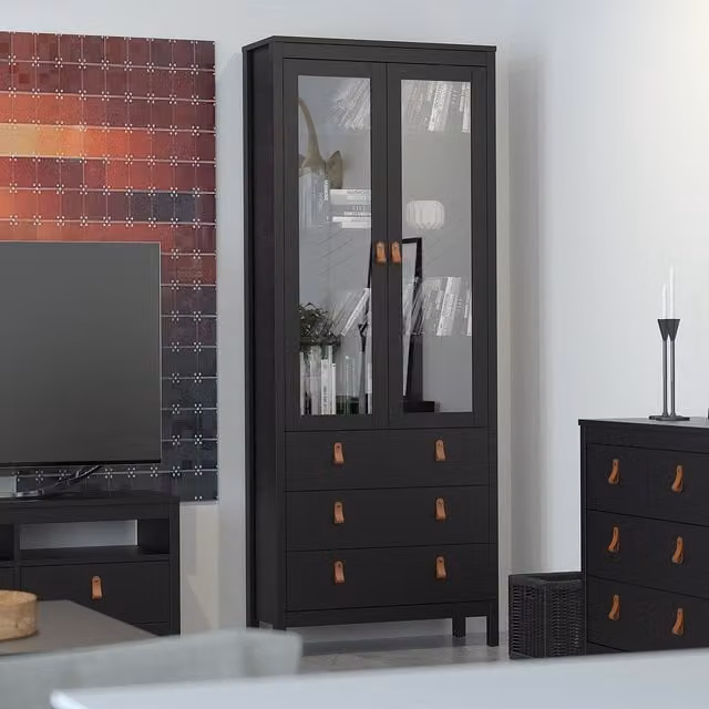 Furniture To Go Barcelona Modern Black 2-Door 3-Drawer China Cabinet with Glass Doors and Internal Shelves