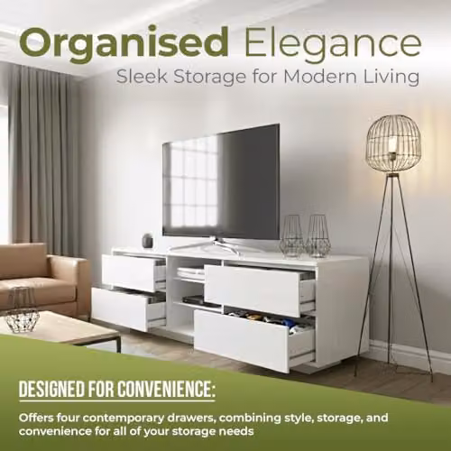 Centurion Supports Avitus High Gloss White TV Stand with 4 Drawers and 3 Shelves for 32-65 inch LED/LCD/Plasma Screens, W/D/H: 158 x 40 x 48 cm – 5