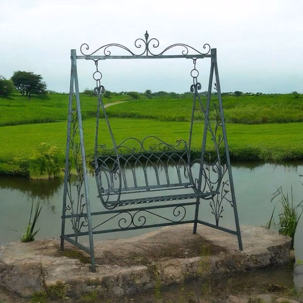 Minster Garden Swing Bench in Grey Matt Powder Coated Steel, W: 90 cm, D: 147 cm, H: 215 cm – 2