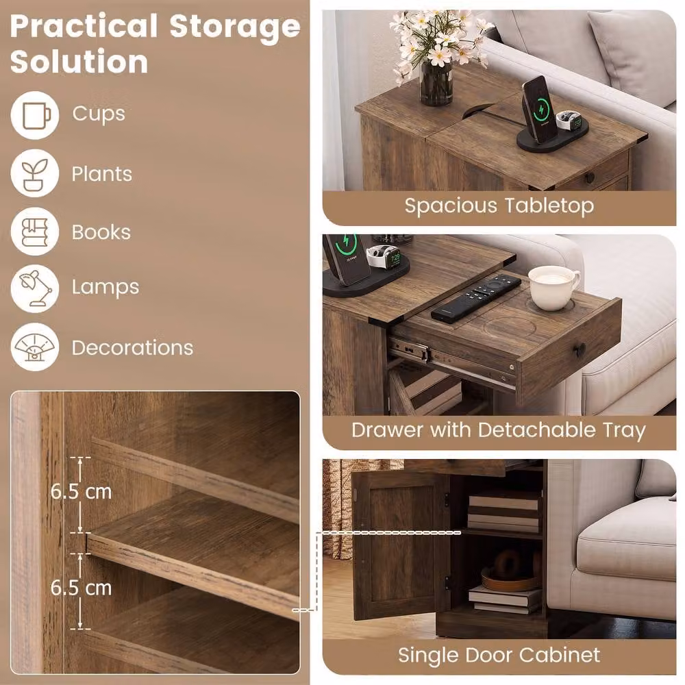 Gymax Brown Farmhouse End Table with Charging Station and Cabinet – 2