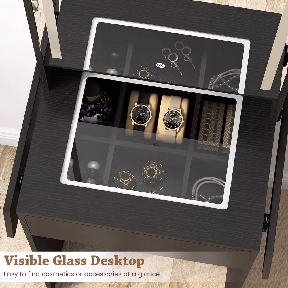 Costway Modern Black Dressing Table and Stool Set with Hollywood LED Lights and Charging Station – 7