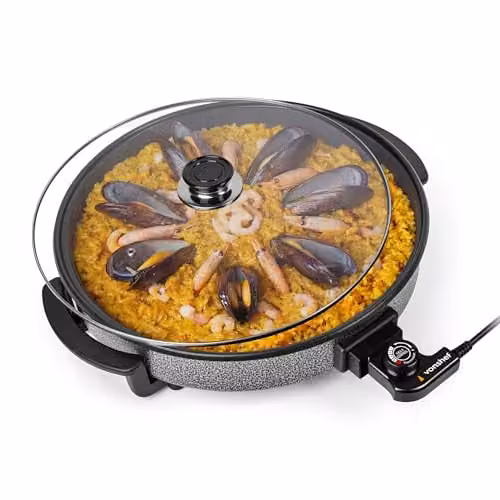 VonShef 6L Electric Frying Pan with Glass Lid, Black, 42cm Diameter, 1500W