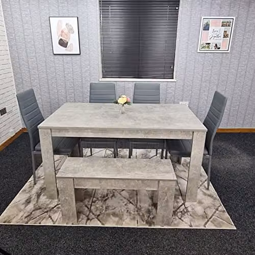 KOSY KOALA Modern 6 Seater Dining Set with Square Grey Stone Effect Table, 4 Padded Chairs and 1 Bench, W/D/H: 117 x 77 x 75 cm – 1