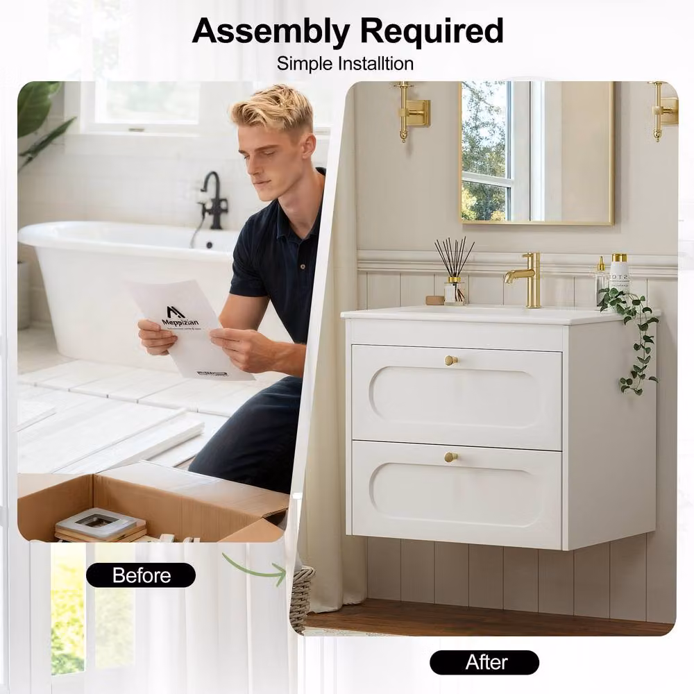 KEEPREAPER Sleek Mid-Century Under Sink Bathroom Cabinet with White Ceramic Wash Basin and Gold Details – 2