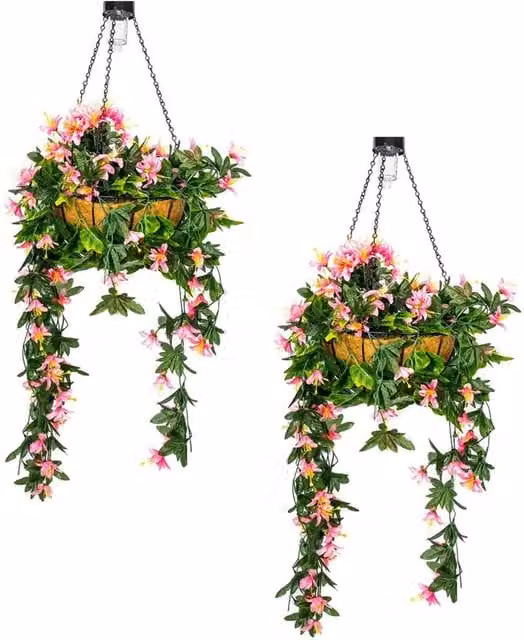 Primrose Artificial Hanging Basket with Pink Durantas and Solar LEDs in Red