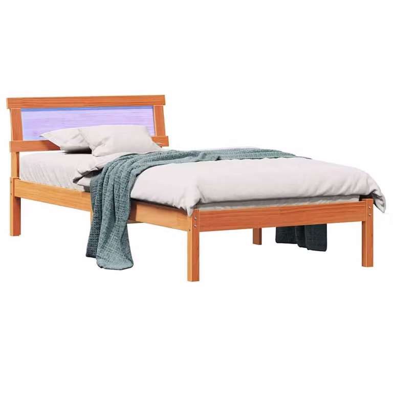Berkfield Home Wax Brown Pine Wood Bed with Headboard and LED Strip Lights W/D/H: 75 x 190 cm