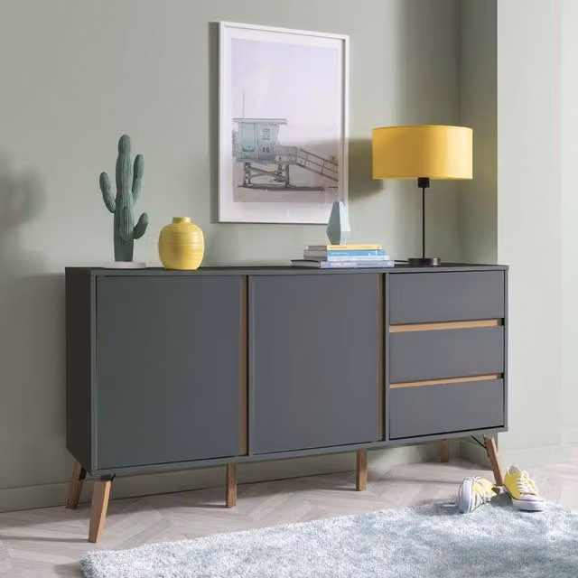 Otto Mid-Century Large Sideboard with 2 Doors and 3 Drawers in Grey Pine Wood