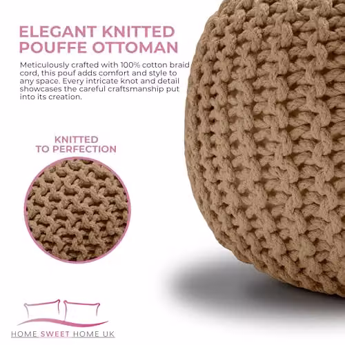 Home Sweet Home UK Snug City Handmade Chunky Knitted Round Cotton Pouffe Ottoman in Tan, W/D/H: 50 x 50 x 30 cm – 6