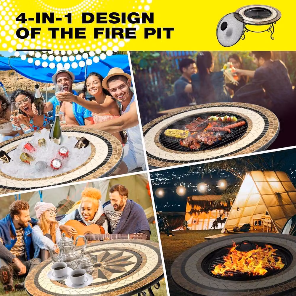 Centurion Supports TOPANGA Multi-Functional Garden Fire Pit, Coffee Table, Barbecue and Ice Bucket with Ceramic Tiles in Brown, Black and Multicolour, W/D/H: 80 x 80 x 42 cm – 2