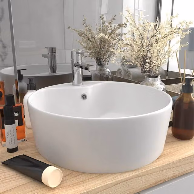 Berkfield Home Luxury Round Ceramic Countertop Wash Basin with Overflow, Matt White, W: 36 cm, D: 13 cm, H: 13 cm