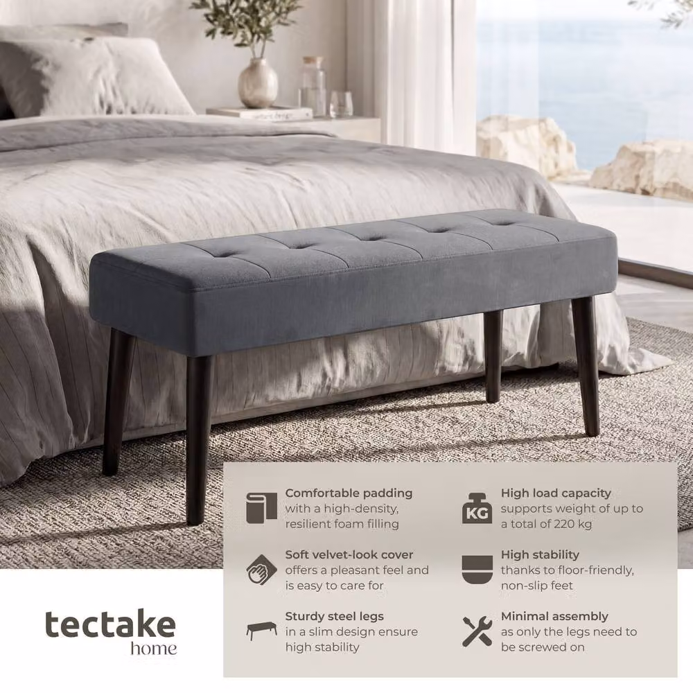 tectake Glora Upholstered Bench with Quilted Geometric Pattern in Grey Velvet – 2