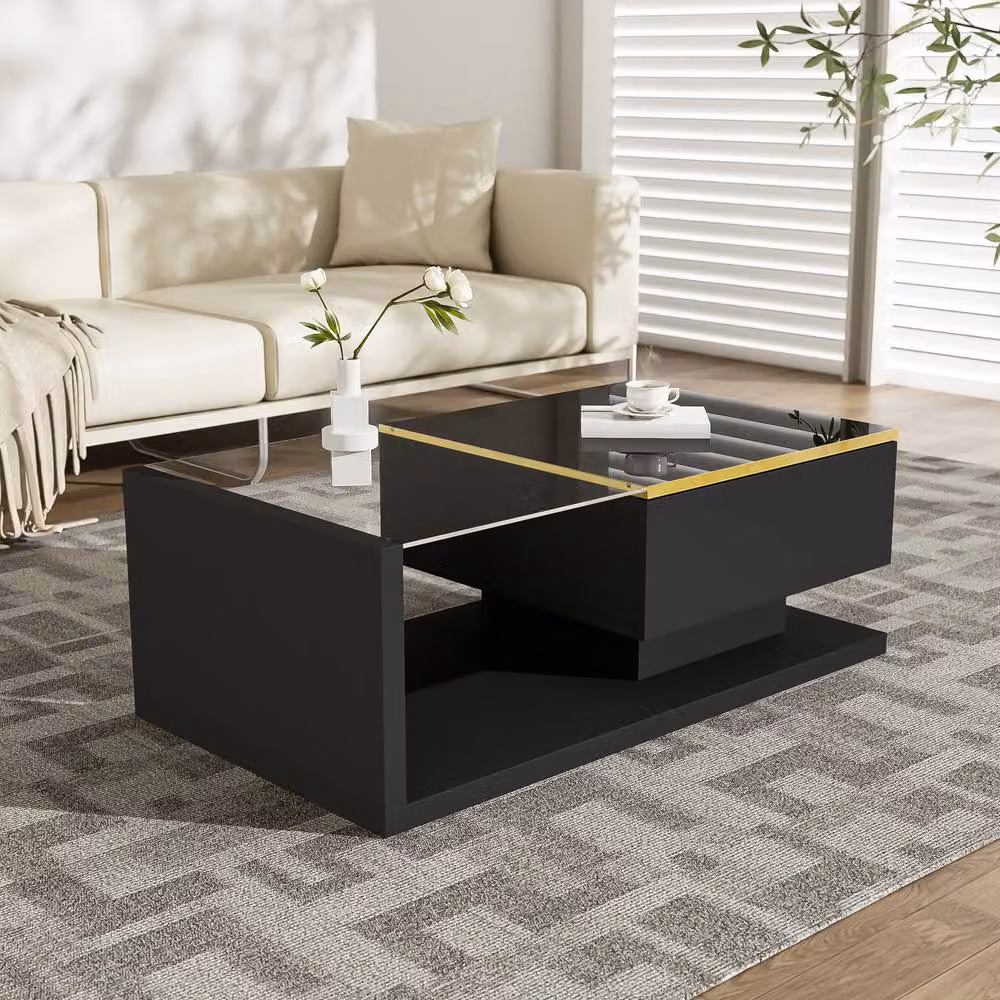 STILVORA Modern Black Coffee Table with Glossy LED Glass Top – 2