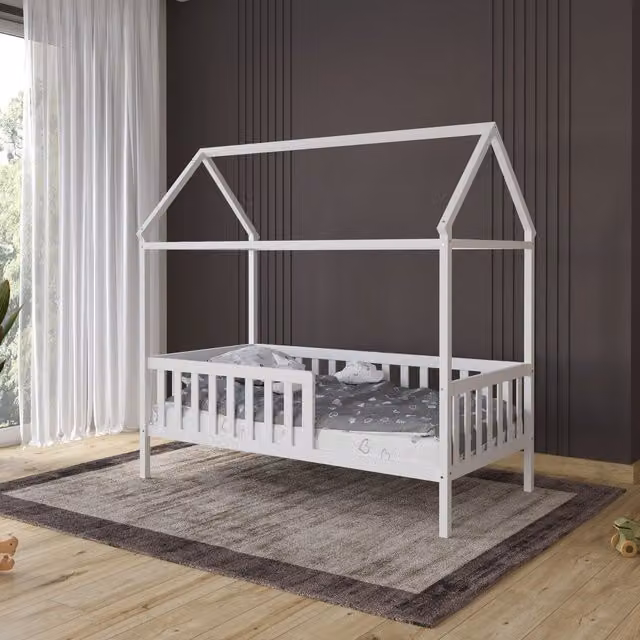 Heim Junior Childrens Bed with Detachable Wood Guard in White, W/D/H: 80 x 160 cm