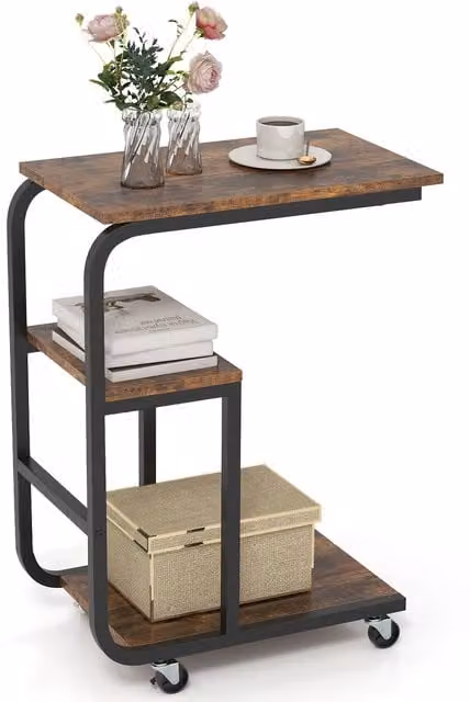 COSTWAY C-shaped End Table in Rustic Brown with Serving Tiers and Castors