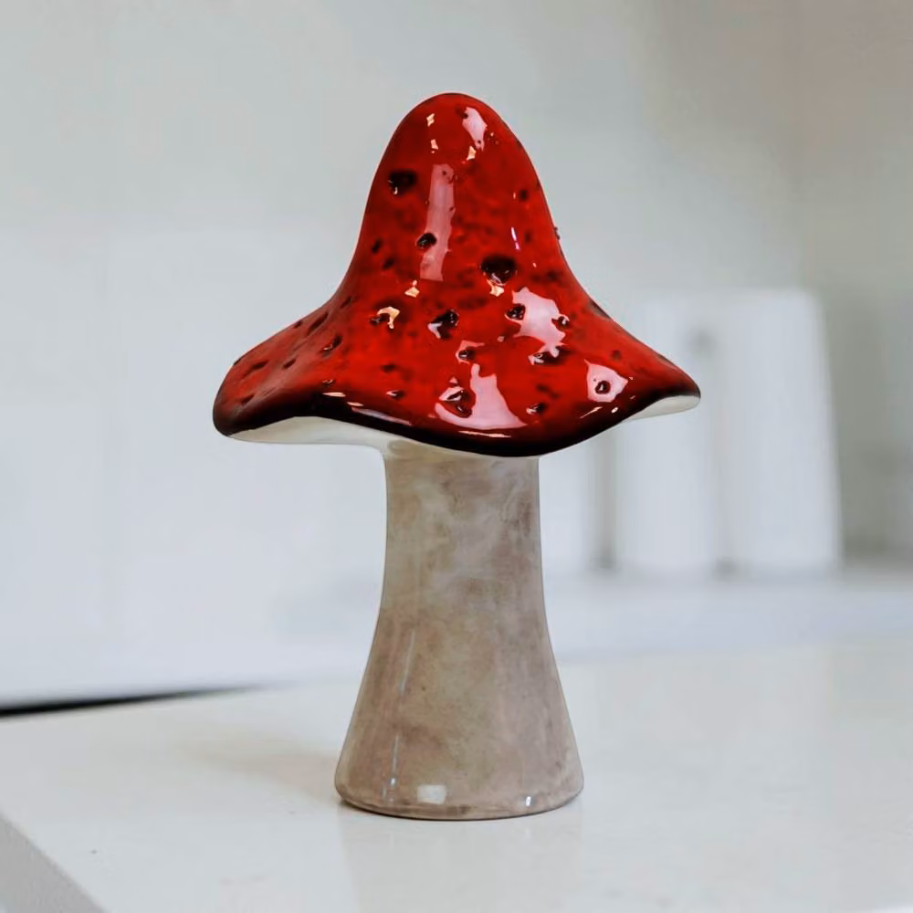 Four Candle Rustic Ceramic Mushroom Tabletop Decoration in Red and Grey – 2