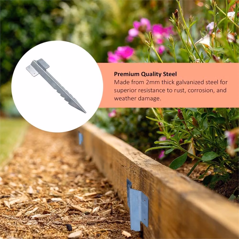 Kelvenix 4-Piece Galvanised Steel Railway Sleeper Brackets in Silver for Lawn Edging and Raised Beds – 4