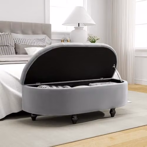 HOMCOM Semi-Circle Velvet Upholstered Ottoman Storage Bench in Grey, W/D/H: 120 x 46 x 42 cm – 8