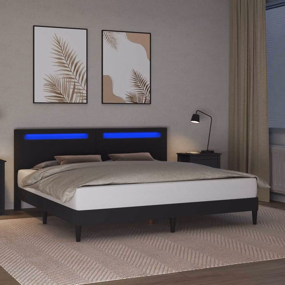 Berkfield Home Upholstered Faux Leather Bed Frame in Black with LED Strip Lights and USB Charging Port, W/D/H: 180 x 200 cm – 3
