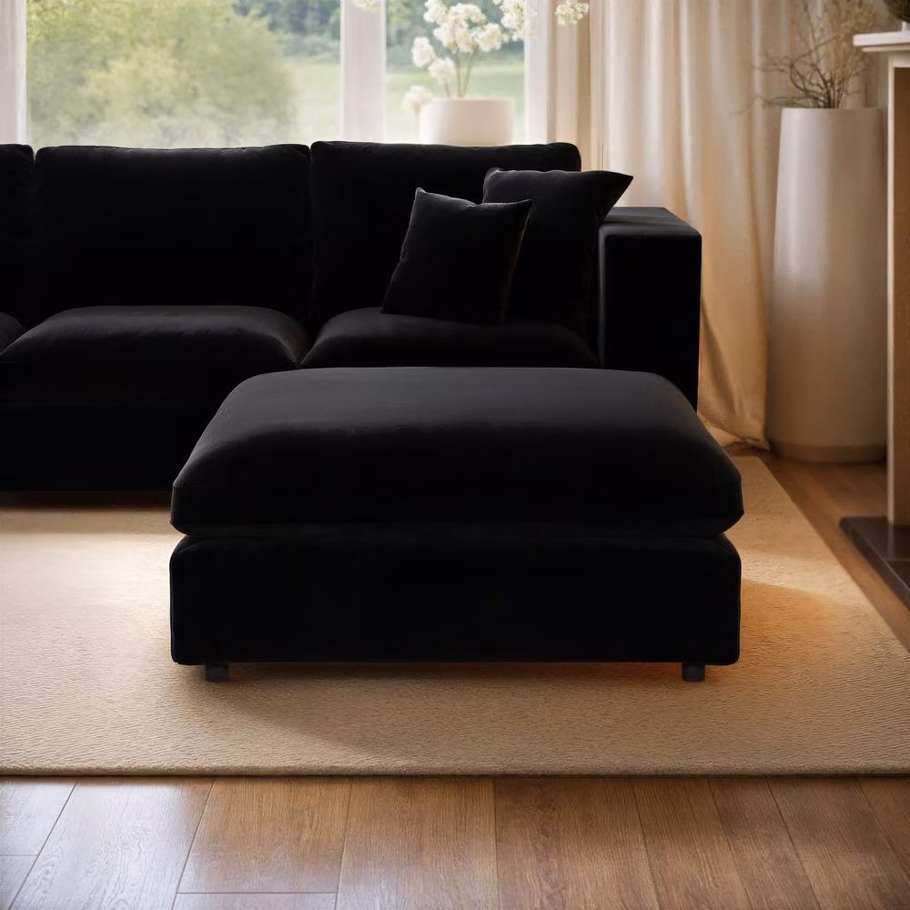 Solace+Co Asher Cylindrical Bouclé and Velvet Footstool in Black – 2