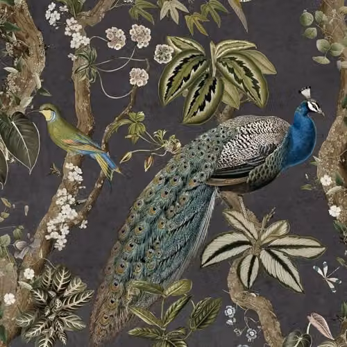 Holden Decor Peacock Woods Oriental Themed Floral and Animal Print Wallpaper in Charcoal Grey and Multicolour