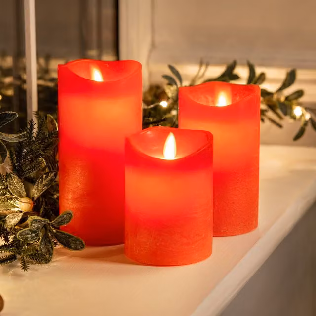 Christow Set of 3 Red Dancing LED Pillar Candles with Flicker Effect