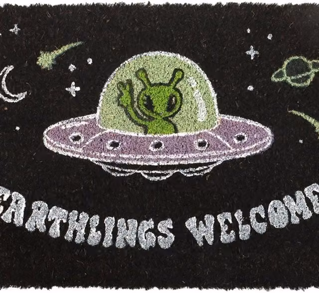 KDMK Black Earthlings Welcome Alien UFO Doormat with Graphic Design