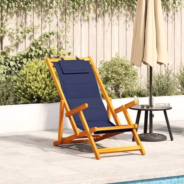 Berkfield Home Folding Beach Chair with Armrests and Adjustable Headrest in Blue Acacia Wood and Textilene
