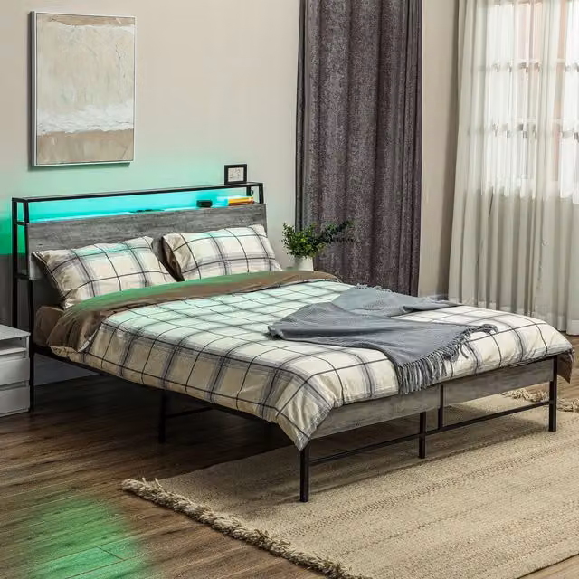 HOMCOM Double Bed Frame with LED Under-Bed Lighting, USB Charging Ports and Side Compartments, Cement Grey, 140 x 200 cm