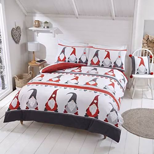 Rapport Home Festive Gonks Christmas Duvet Cover and Pillowcase Set, White and Multicolour, W/D/H: 180 x 200 cm and 50 x 75 cm – 2