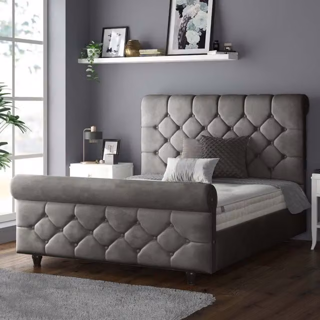 IH Design Chesterfield Upholstered Velvet Bed Frame, Grey, W/D/H: 90 x 200 cm