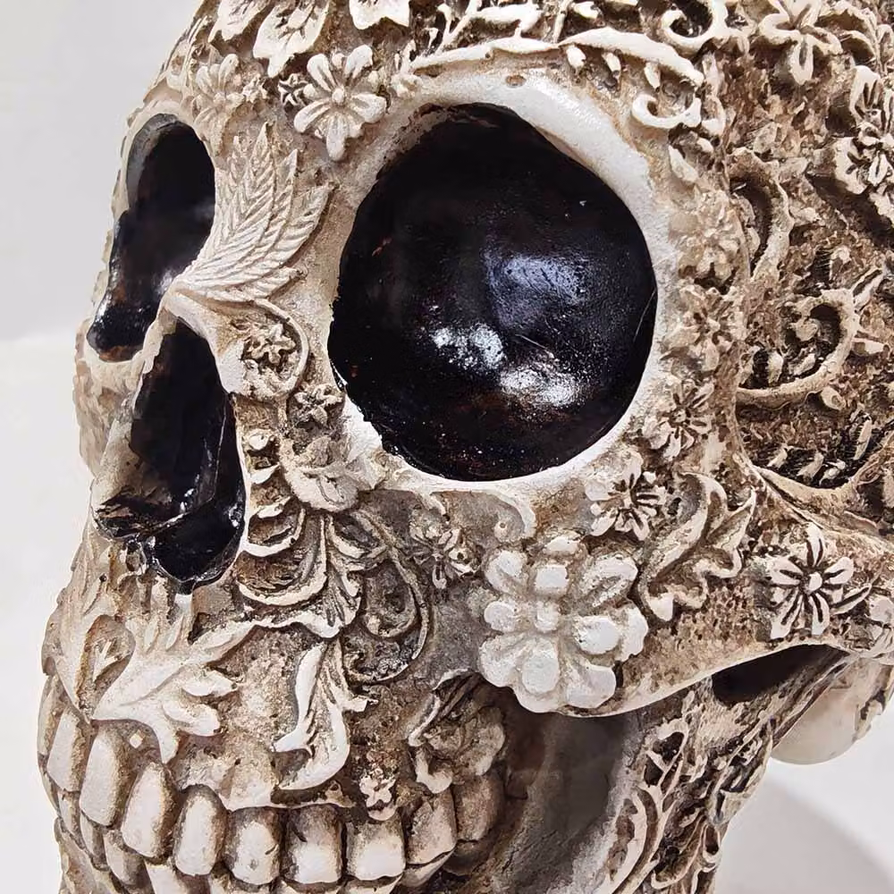 Voltico Gothic Floral Resin Skull Tabletop Decorative Ornament in Beige, Black or Grey, H: 15.5 cm x W: 13.0 cm x D: 13.0 cm – 4